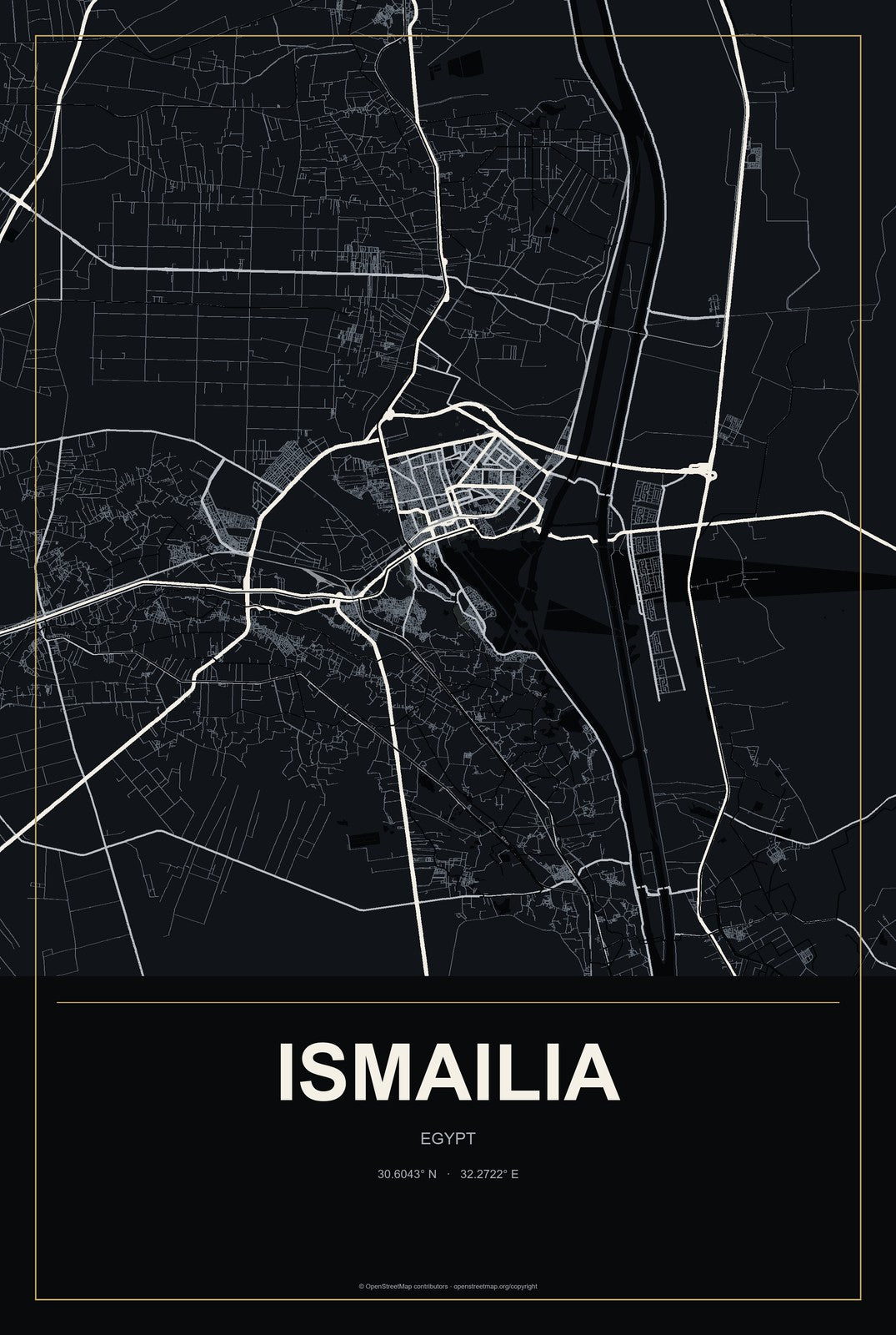 Ismailia, Egypt City Map Aluminum Sign in Metropolitan Noir style