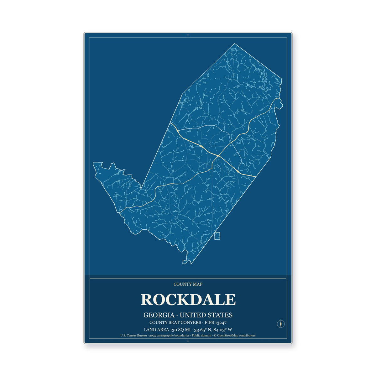 Rockdale County, Georgia Map Aluminum Sign in Harbor Cobalt style