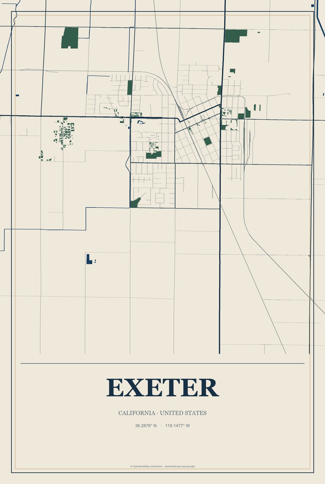 Exeter, California City Map Aluminum Sign in Coastal Cutout style