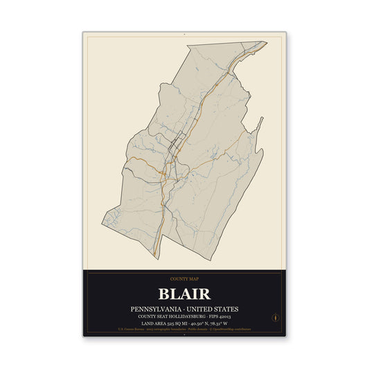 Blair County, Pennsylvania Map Aluminum Sign in Museum Plaque style