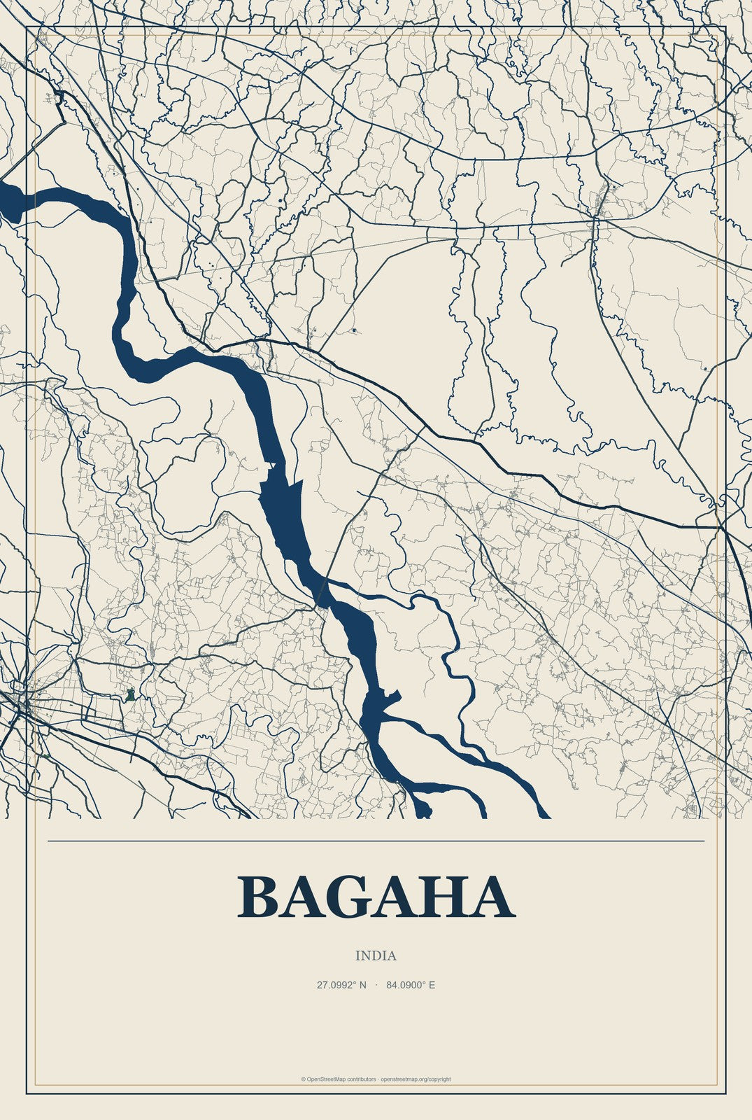 Bagaha, India City Map Aluminum Sign in Coastal Cutout style