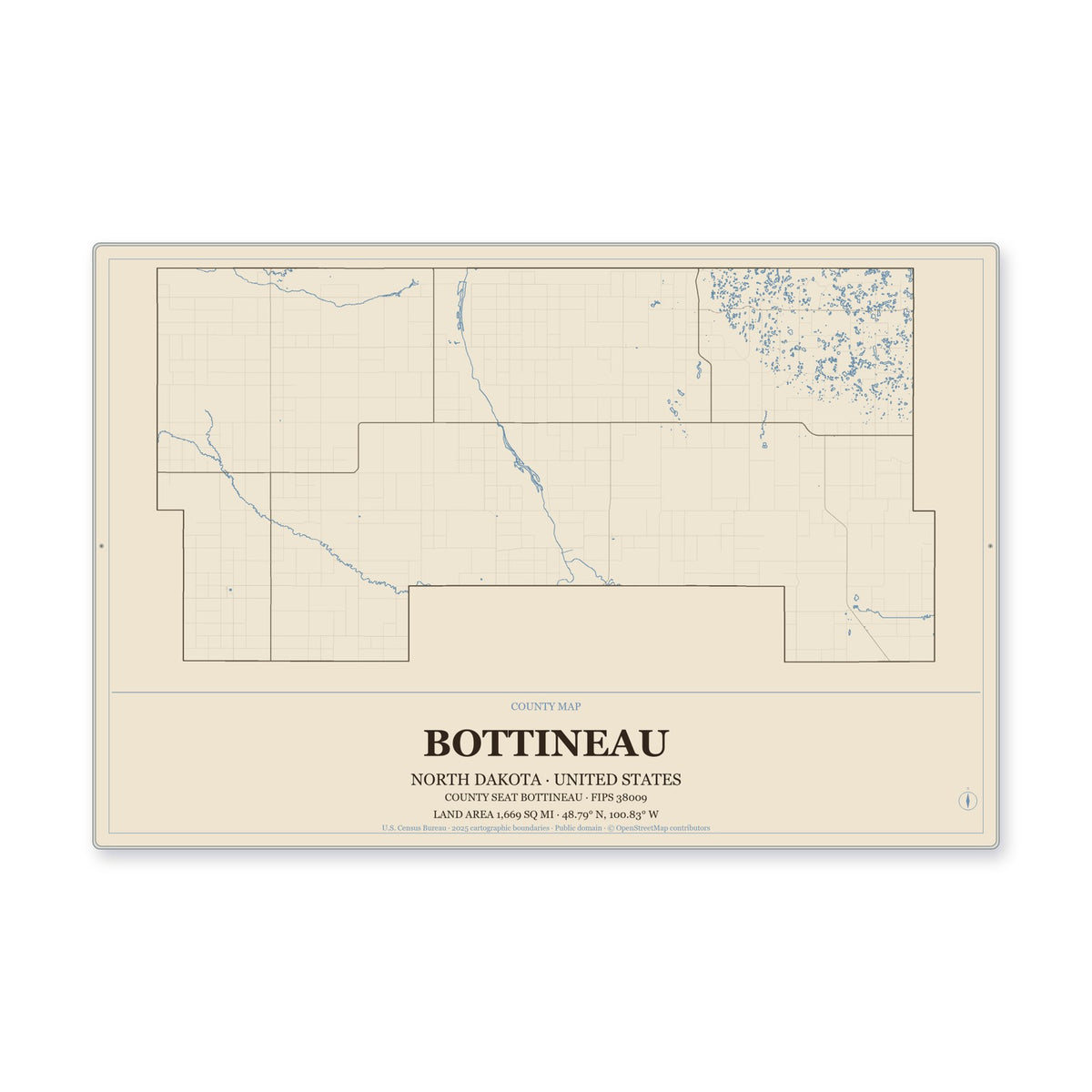 Bottineau County, North Dakota Map Aluminum Sign in Heritage Nautical style