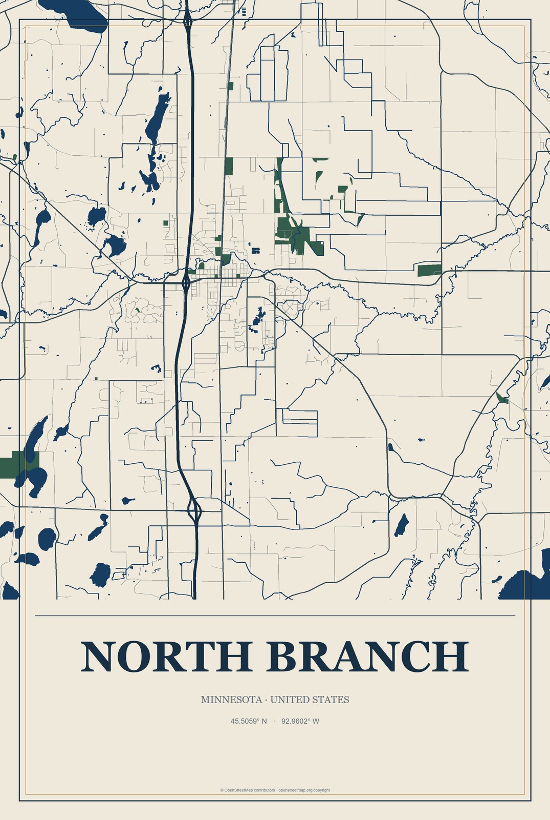 North Branch, Minnesota City Map Aluminum Sign in Coastal Cutout style
