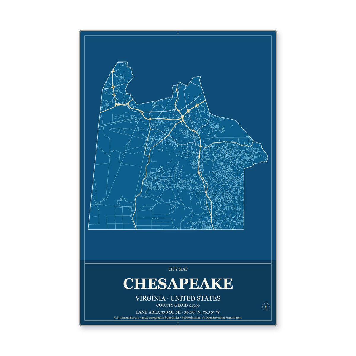 Chesapeake city, Virginia Map Aluminum Sign in Harbor Cobalt style