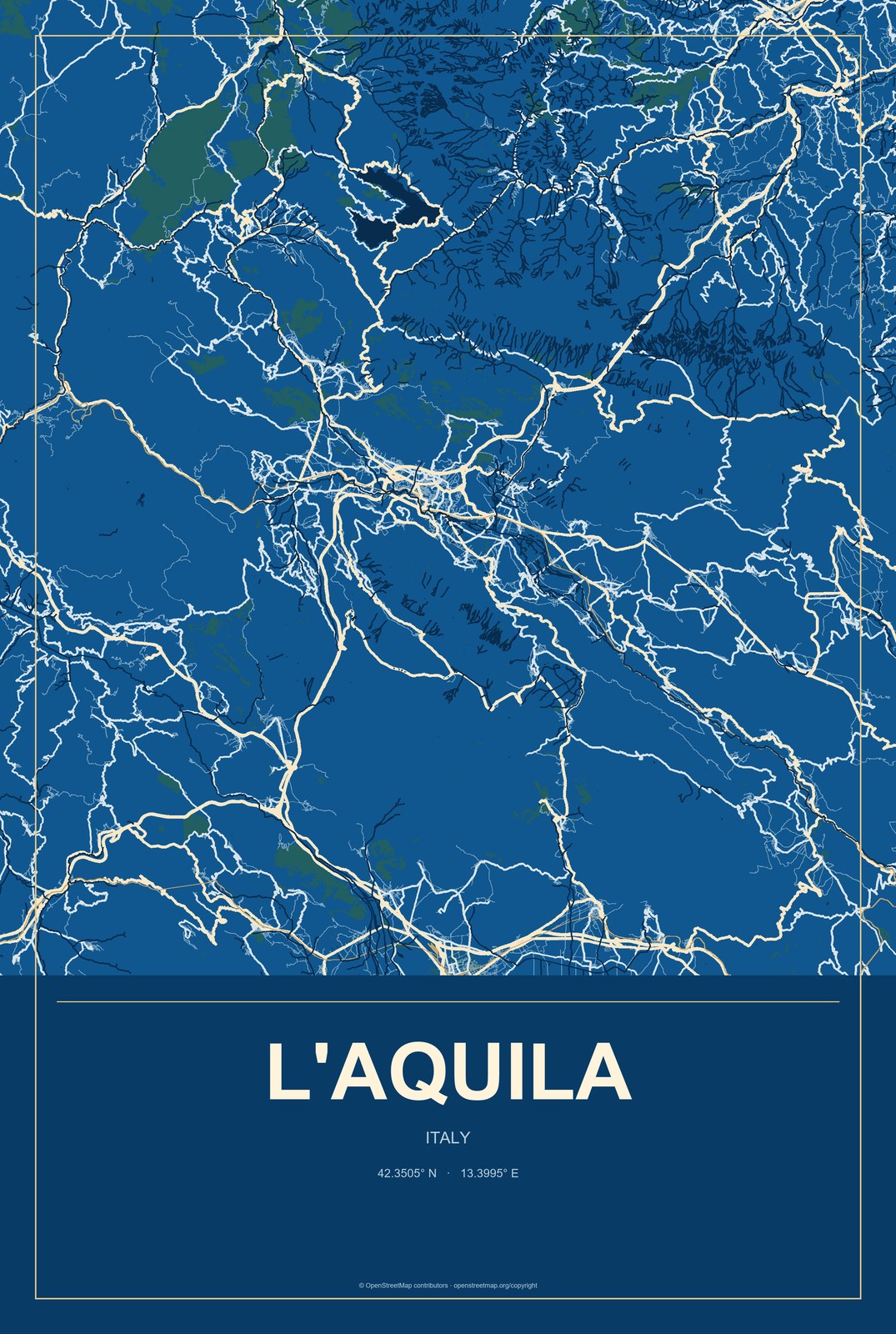 L'Aquila, Italy City Map Aluminum Sign in Harbor Cobalt style