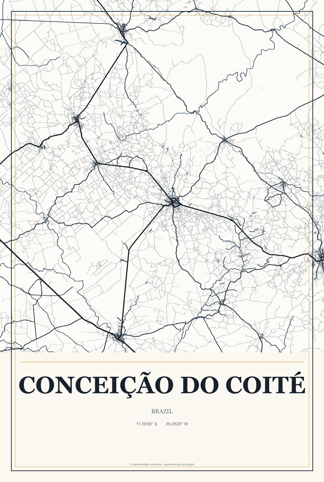 Conceição do Coité, Brazil City Map Aluminum Sign in Citrine Modern style