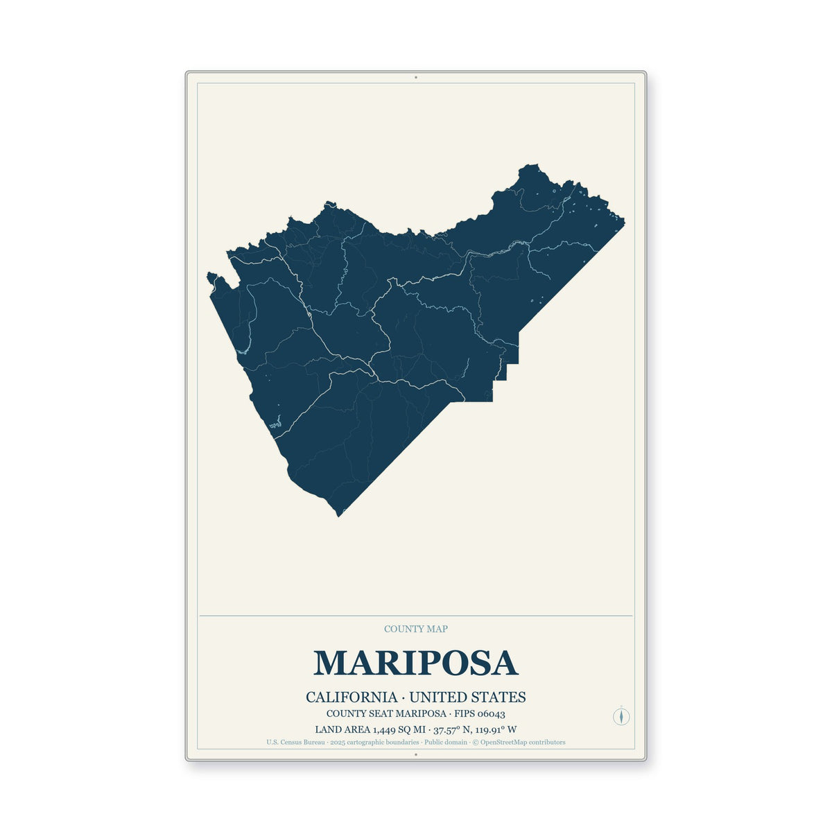 Mariposa County, California Map Aluminum Sign in Coastal Cutout style