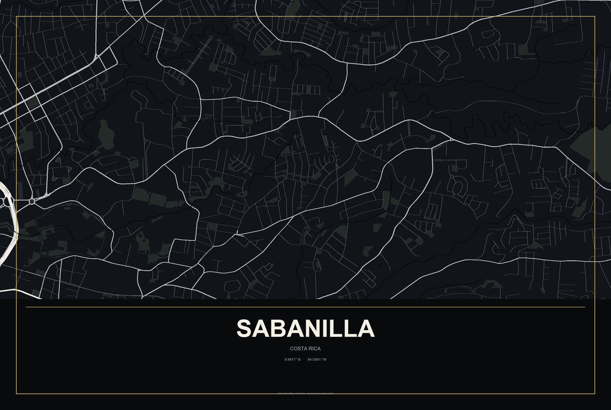 Sabanilla, Costa Rica City Map Aluminum Sign in Metropolitan Noir style