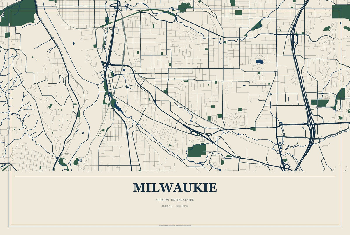 Milwaukie, Oregon City Map Aluminum Sign in Coastal Cutout style