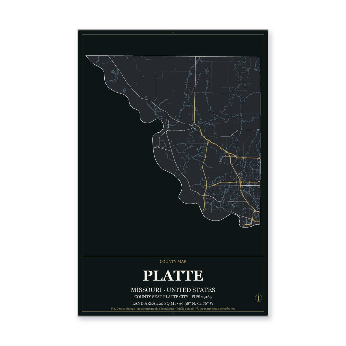 Platte County, Missouri Map Aluminum Sign in Metropolitan Noir style