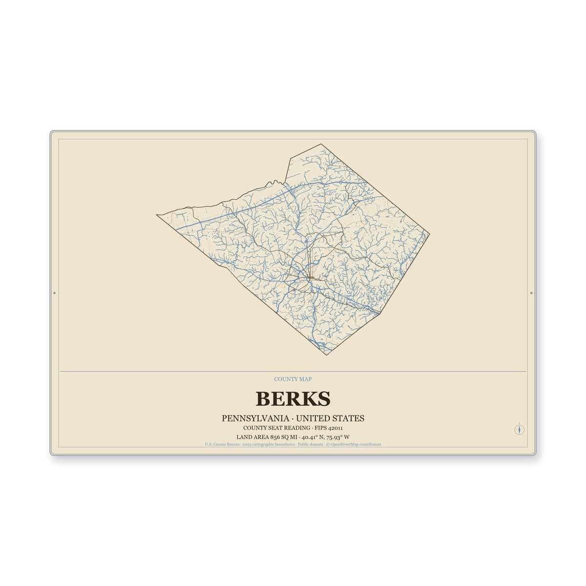 Berks County, Pennsylvania Map Aluminum Sign in Heritage Nautical style
