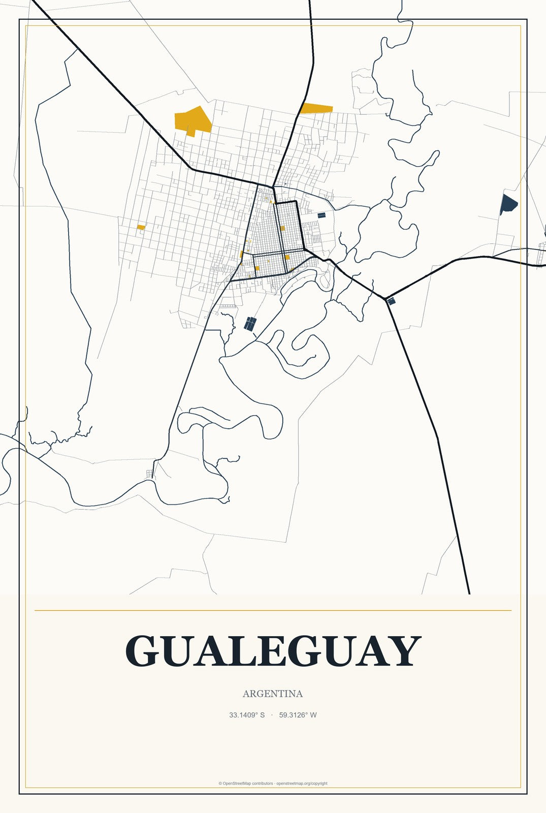 Gualeguay, Argentina City Map Aluminum Sign in Citrine Modern style