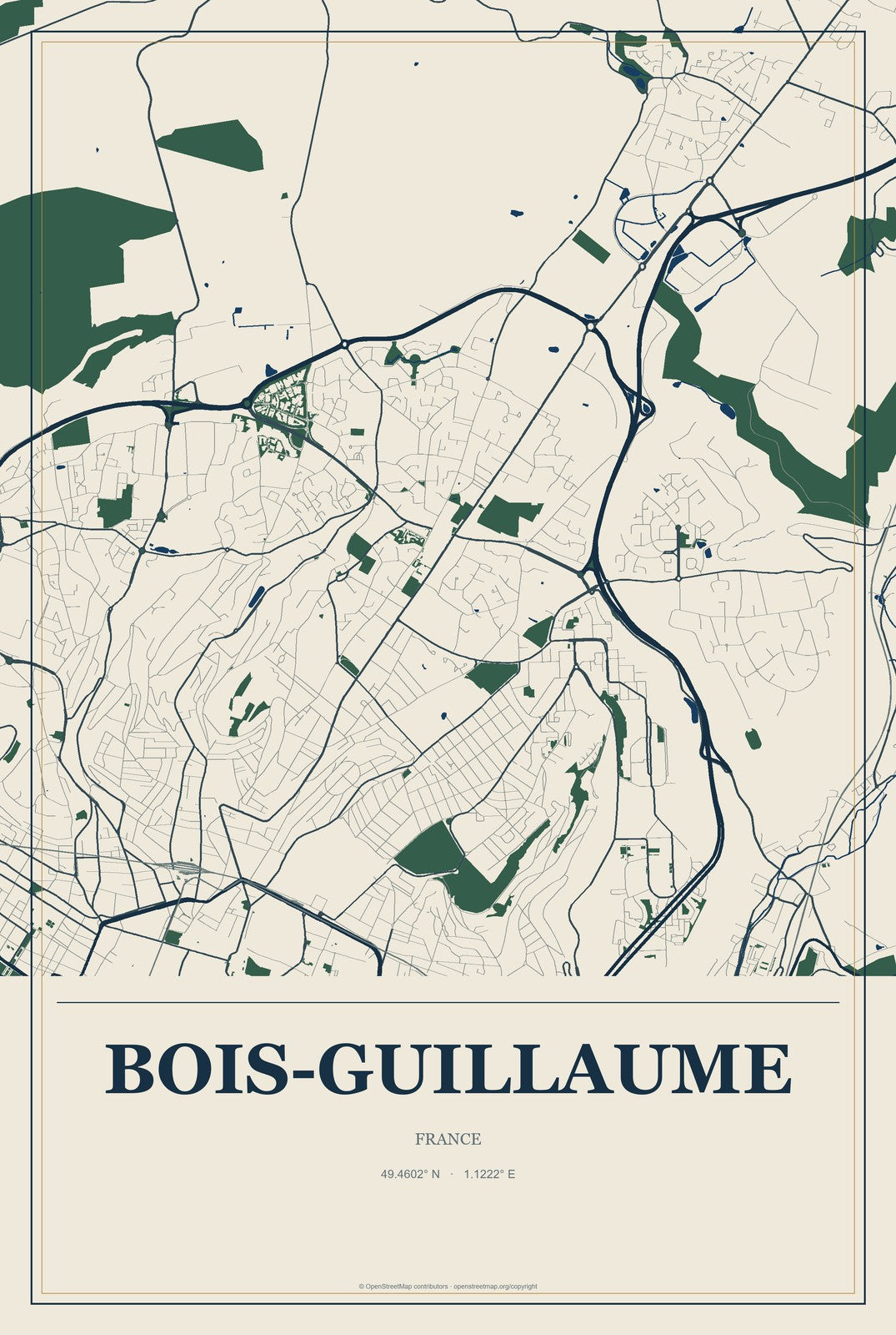 Bois-Guillaume, France City Map Aluminum Sign in Coastal Cutout style
