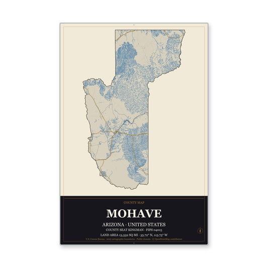 Mohave County, Arizona Map Aluminum Sign in Museum Plaque style