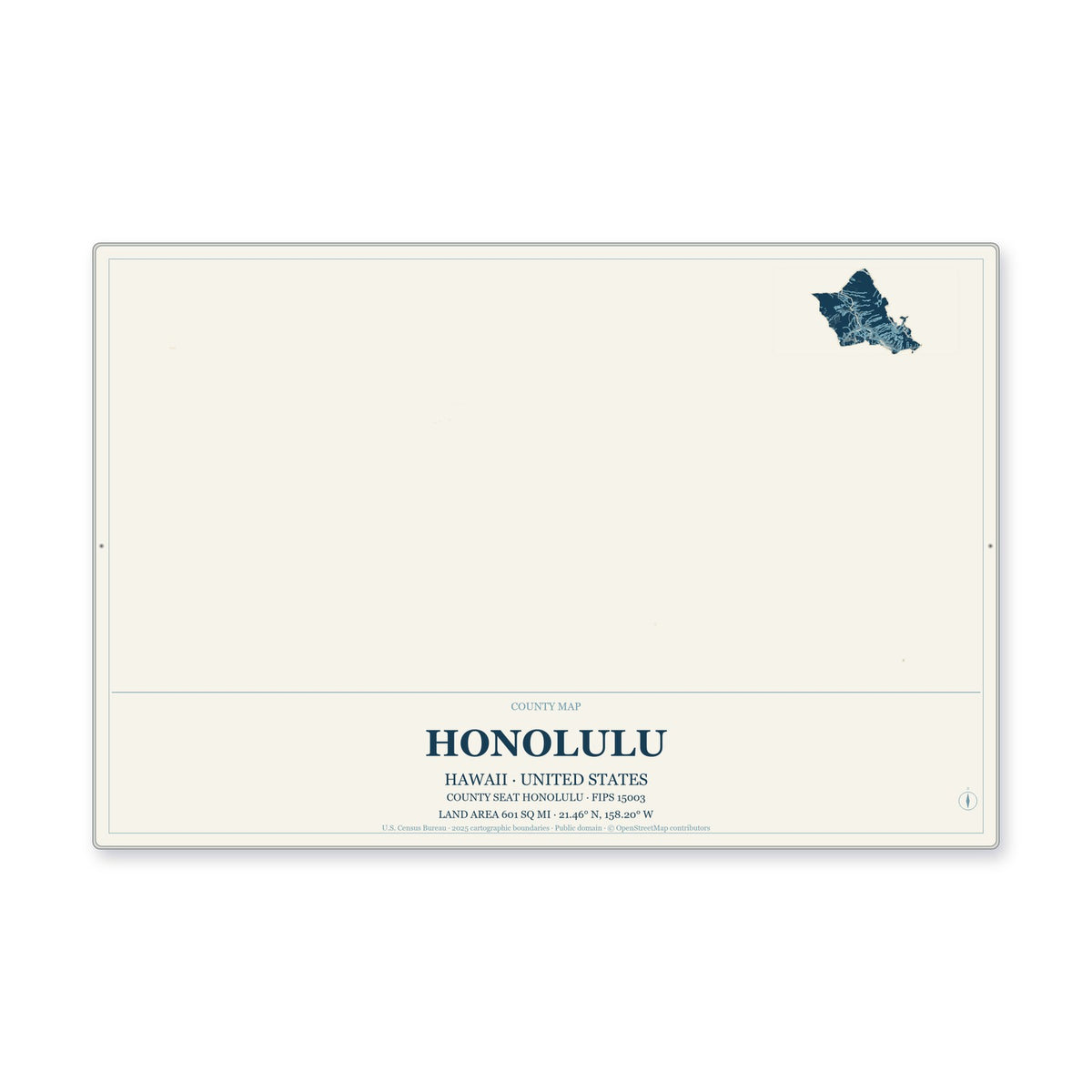 Honolulu County, Hawaii Map Aluminum Sign in Coastal Cutout style