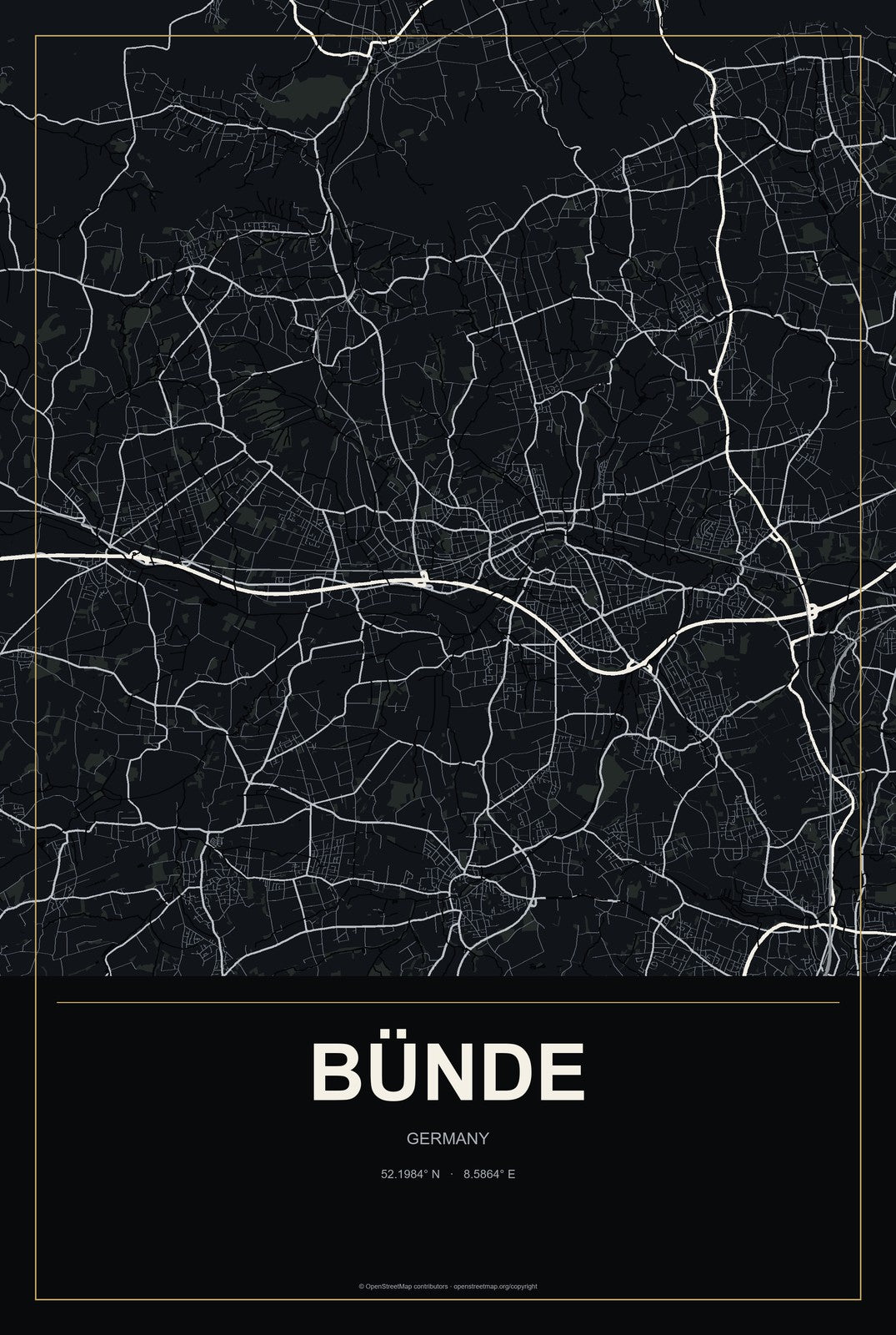 Bünde, Germany City Map Aluminum Sign in Metropolitan Noir style