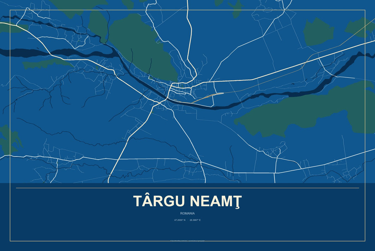 Târgu Neamţ, Romania City Map Aluminum Sign in Harbor Cobalt style