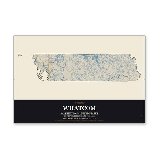 Whatcom County, Washington Map Aluminum Sign in Museum Plaque style