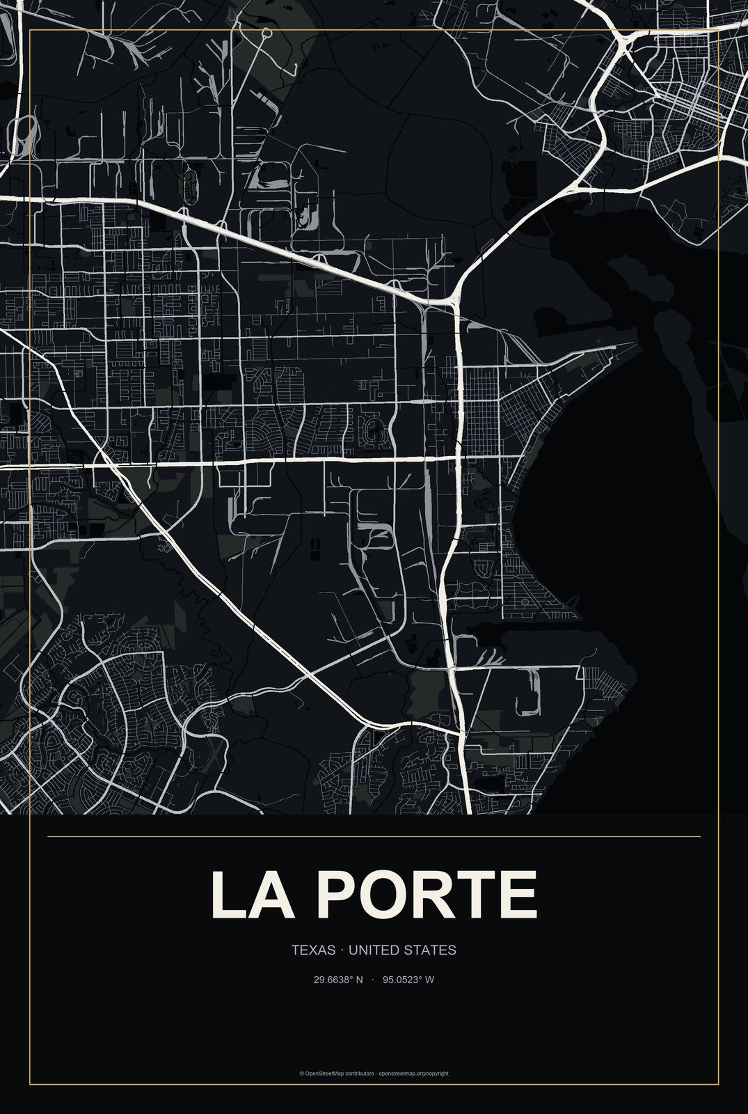 La Porte, Texas City Map Aluminum Sign in Metropolitan Noir style