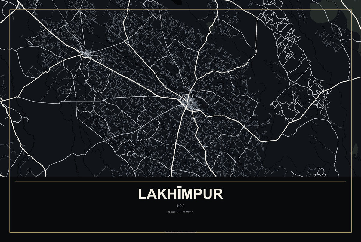 Lakhīmpur, India City Map Aluminum Sign in Metropolitan Noir style