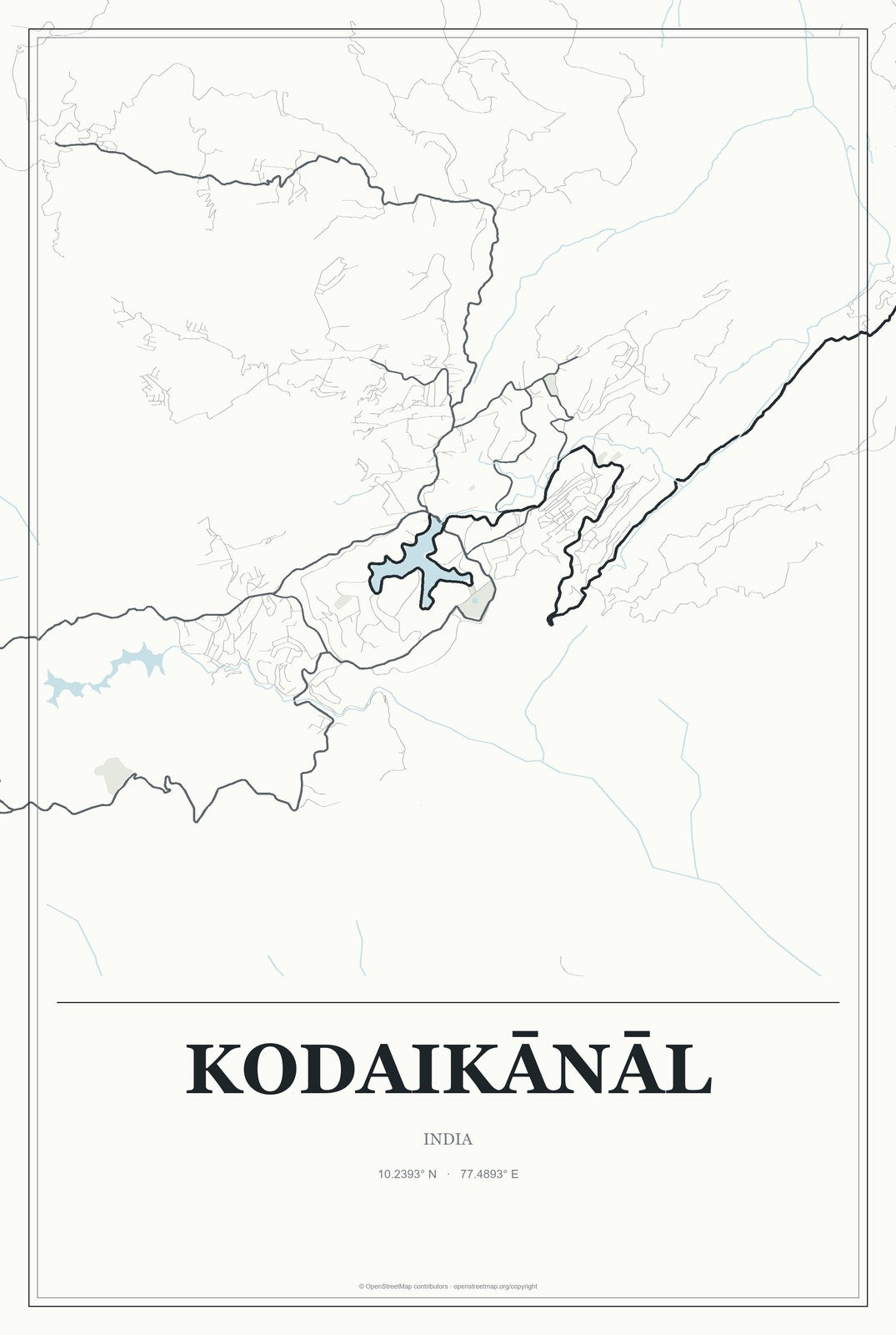 Kodaikānāl, India City Map Aluminum Sign in Gallery Air style