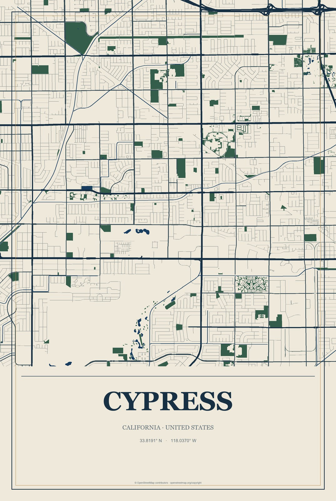 Cypress, California City Map Aluminum Sign in Coastal Cutout style