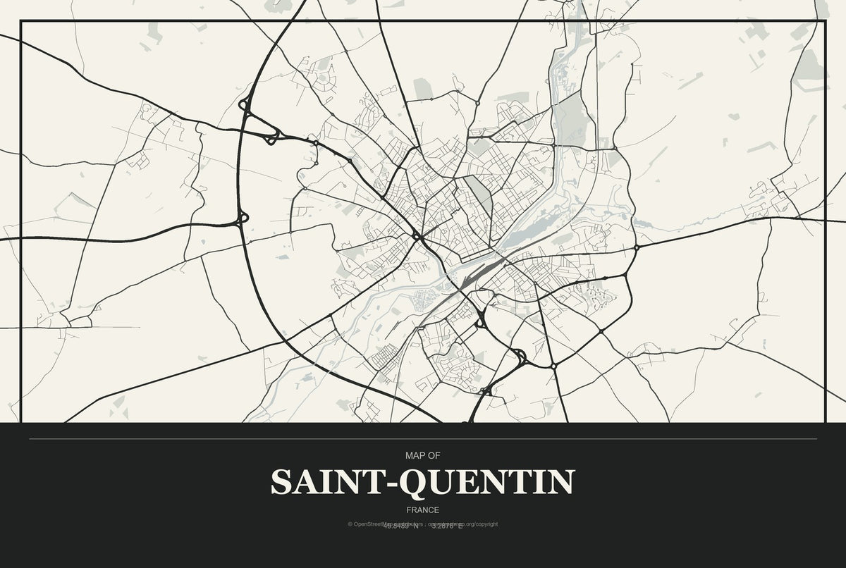 Saint-Quentin, France City Map Aluminum Sign in Museum Plaque style
