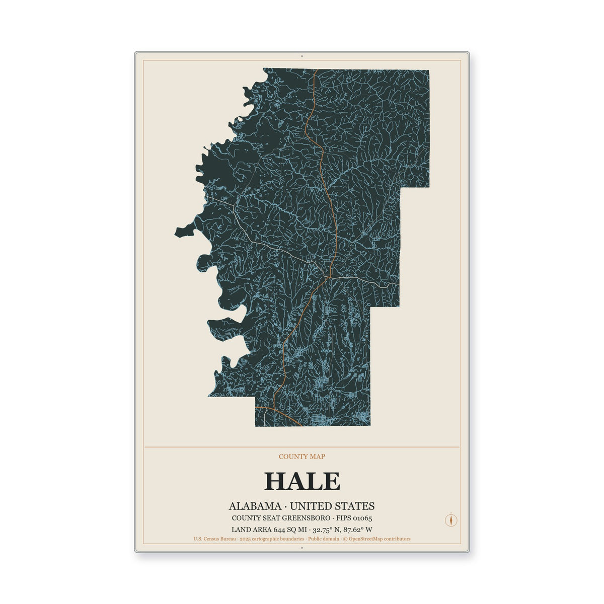 Hale County, Alabama Map Aluminum Sign in Headline Atlas style