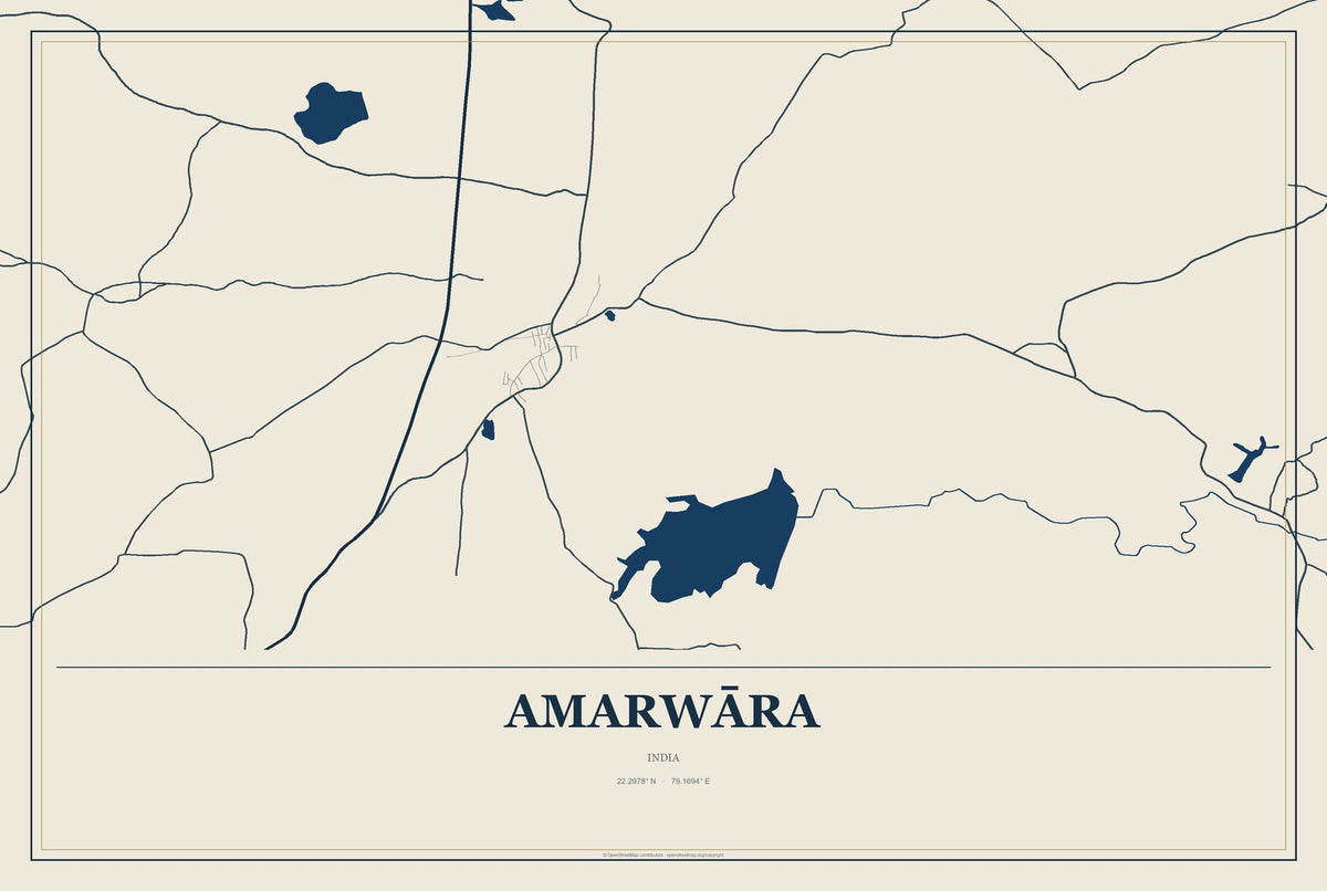 Amarwāra, India City Map Aluminum Sign in Coastal Cutout style
