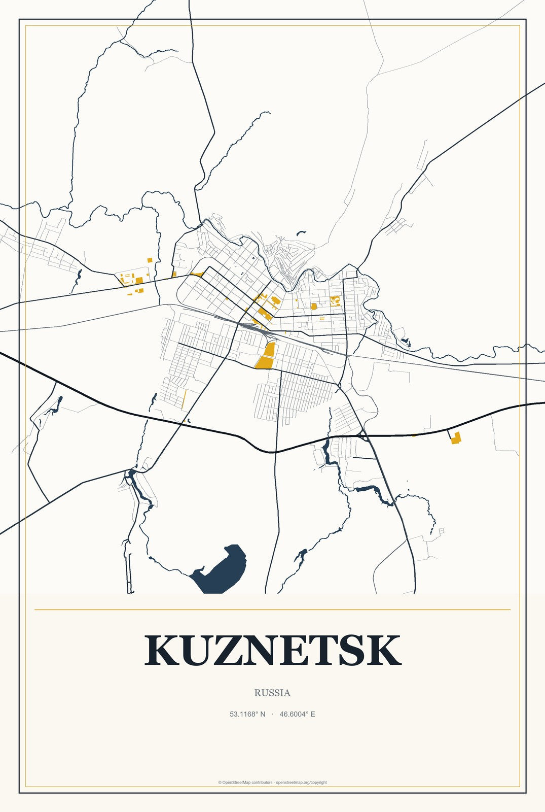 Kuznetsk, Russia City Map Aluminum Sign in Citrine Modern style
