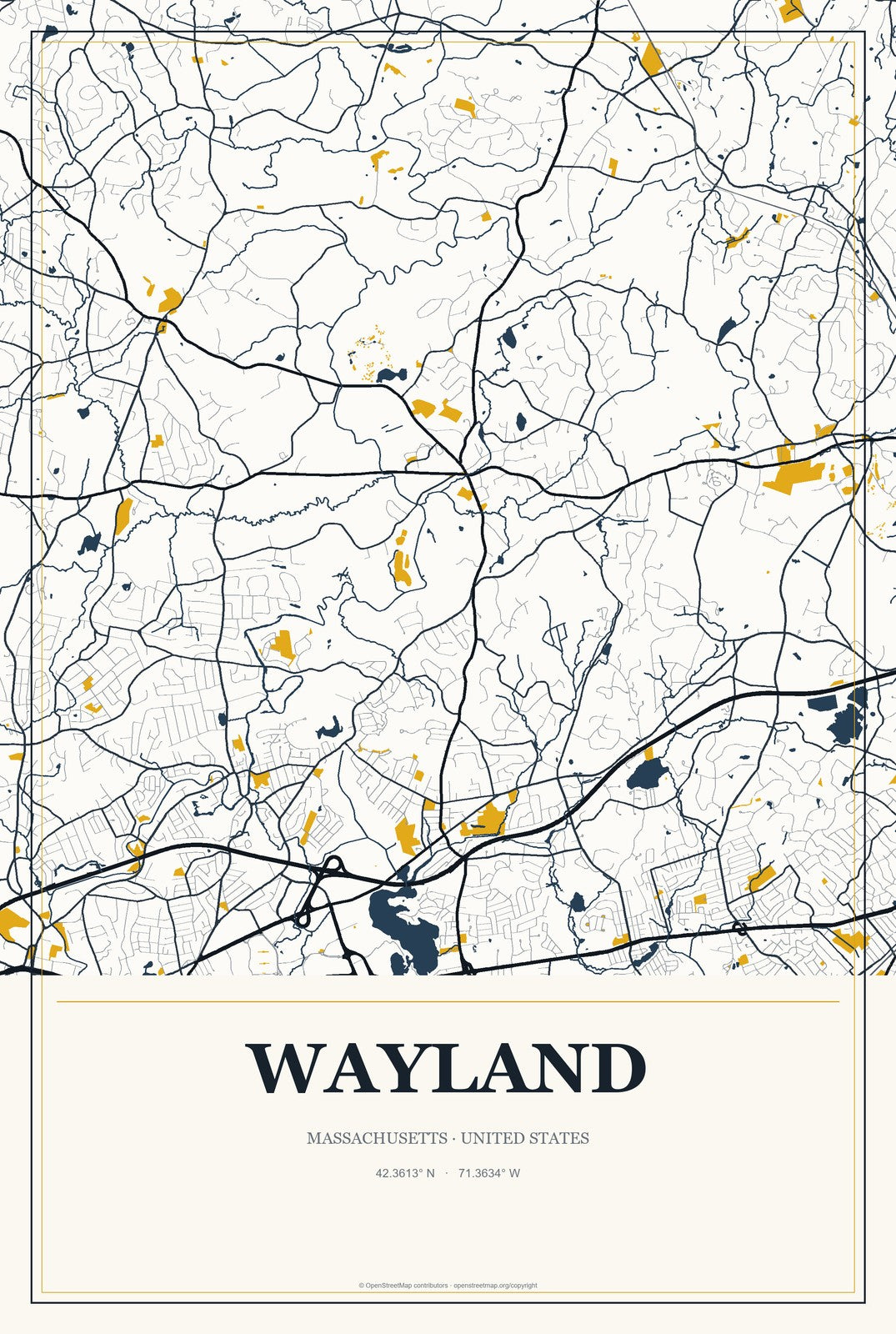 Wayland, Massachusetts City Map Aluminum Sign in Citrine Modern style