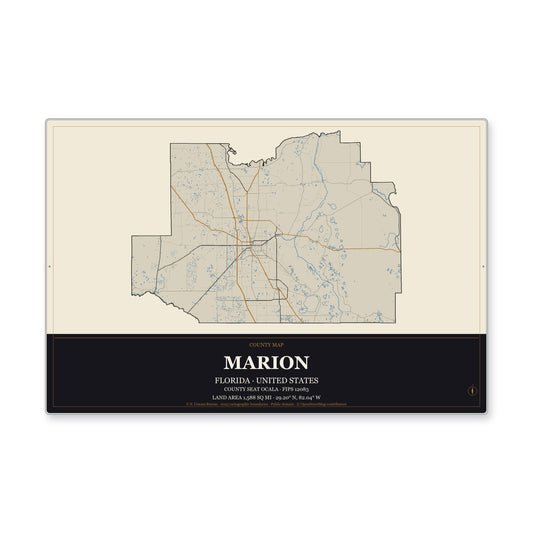 Marion County, Florida Map Aluminum Sign in Museum Plaque style