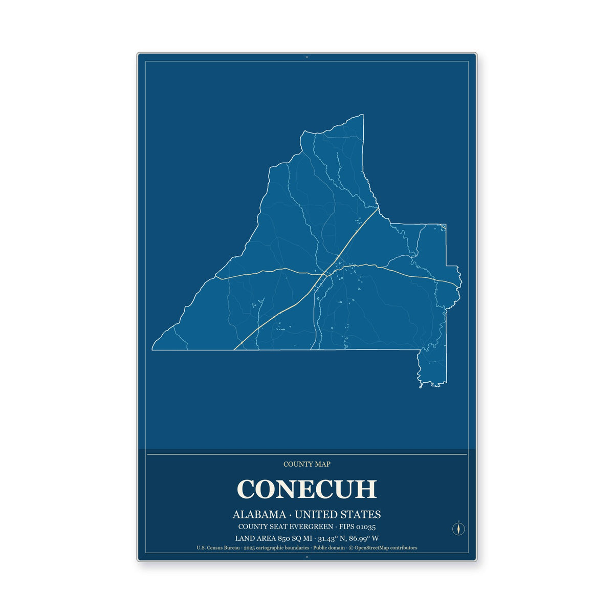 Conecuh County, Alabama Map Aluminum Sign in Harbor Cobalt style
