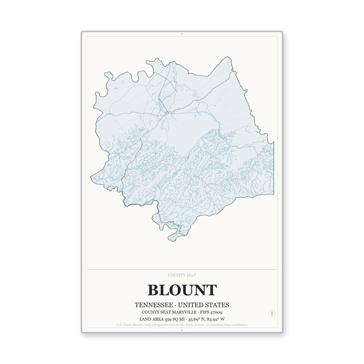 Blount County, Tennessee Map Aluminum Sign in Gallery Air style
