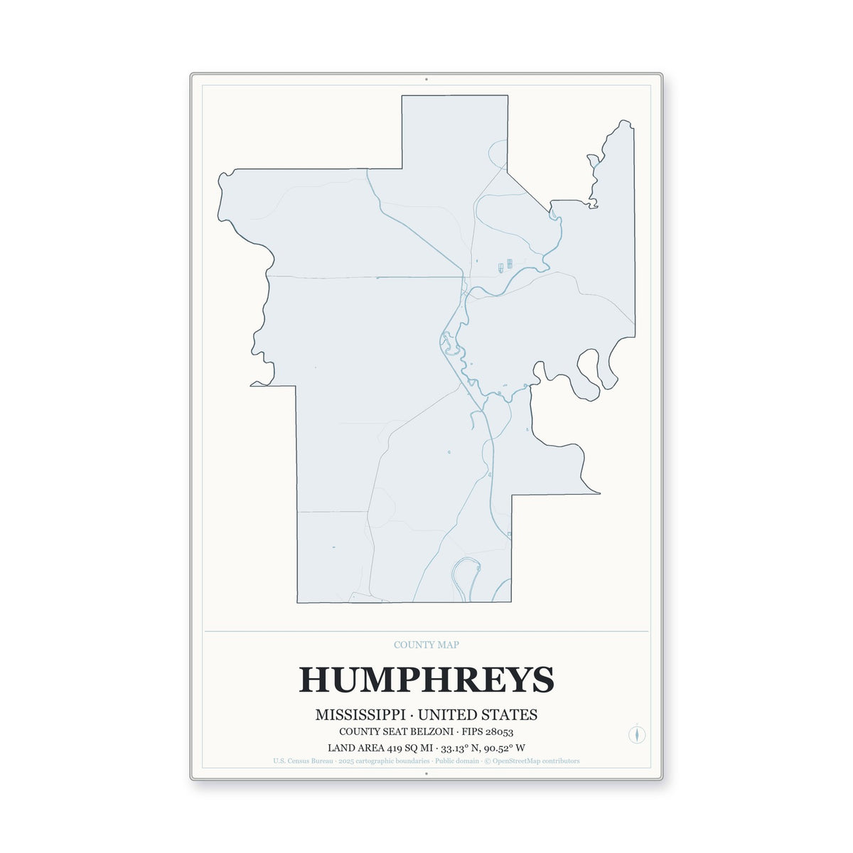 Humphreys County, Mississippi Map Aluminum Sign in Gallery Air style
