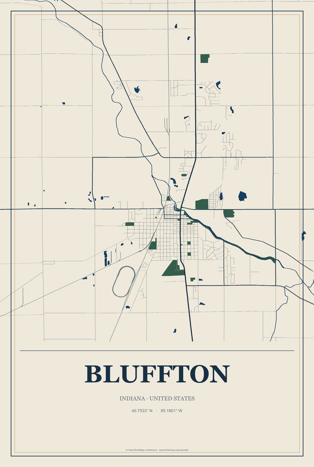 Bluffton, Indiana City Map Aluminum Sign in Coastal Cutout style