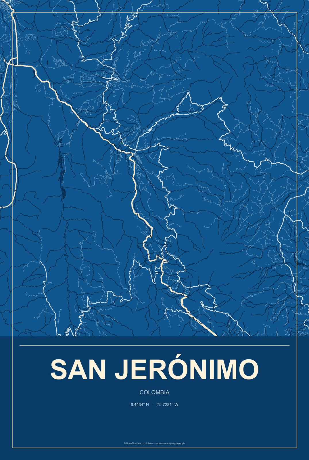San Jerónimo, Colombia City Map Aluminum Sign in Harbor Cobalt style