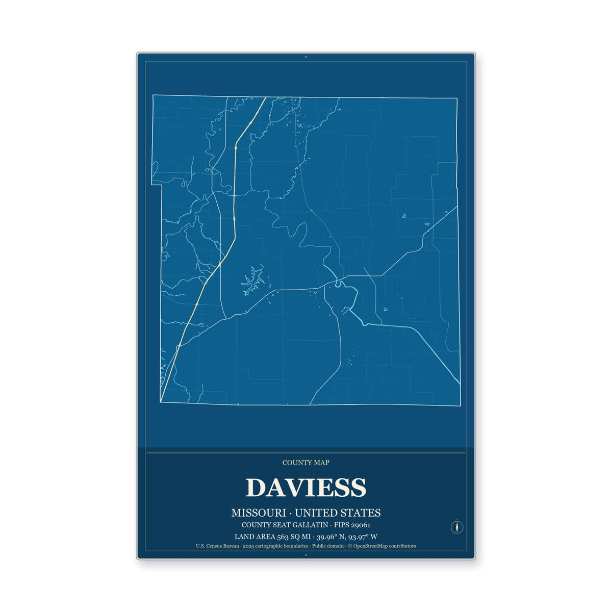Daviess County, Missouri Map Aluminum Sign in Harbor Cobalt style