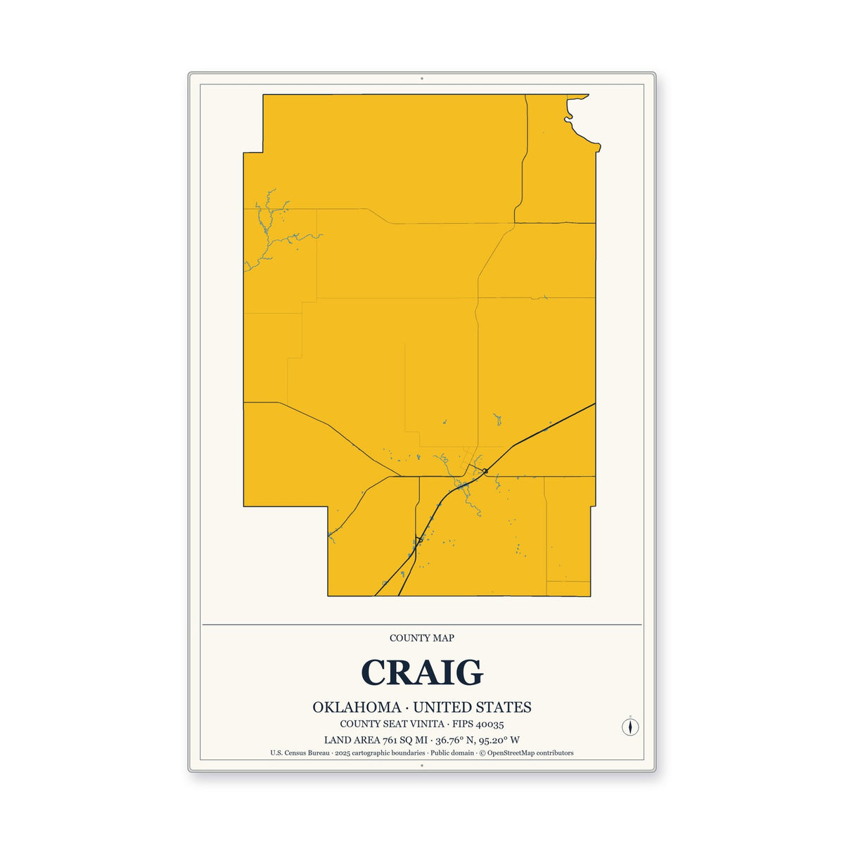 Craig County, Oklahoma Map Aluminum Sign in Citrine Modern style