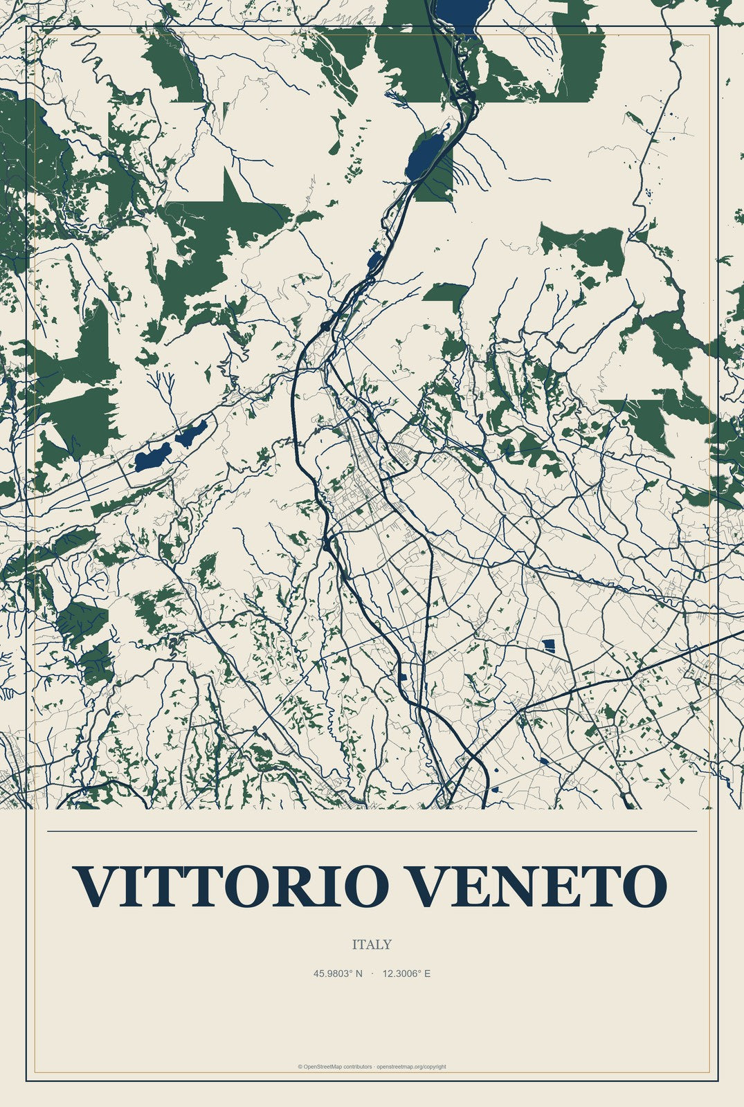 Vittorio Veneto, Italy City Map Aluminum Sign in Coastal Cutout style