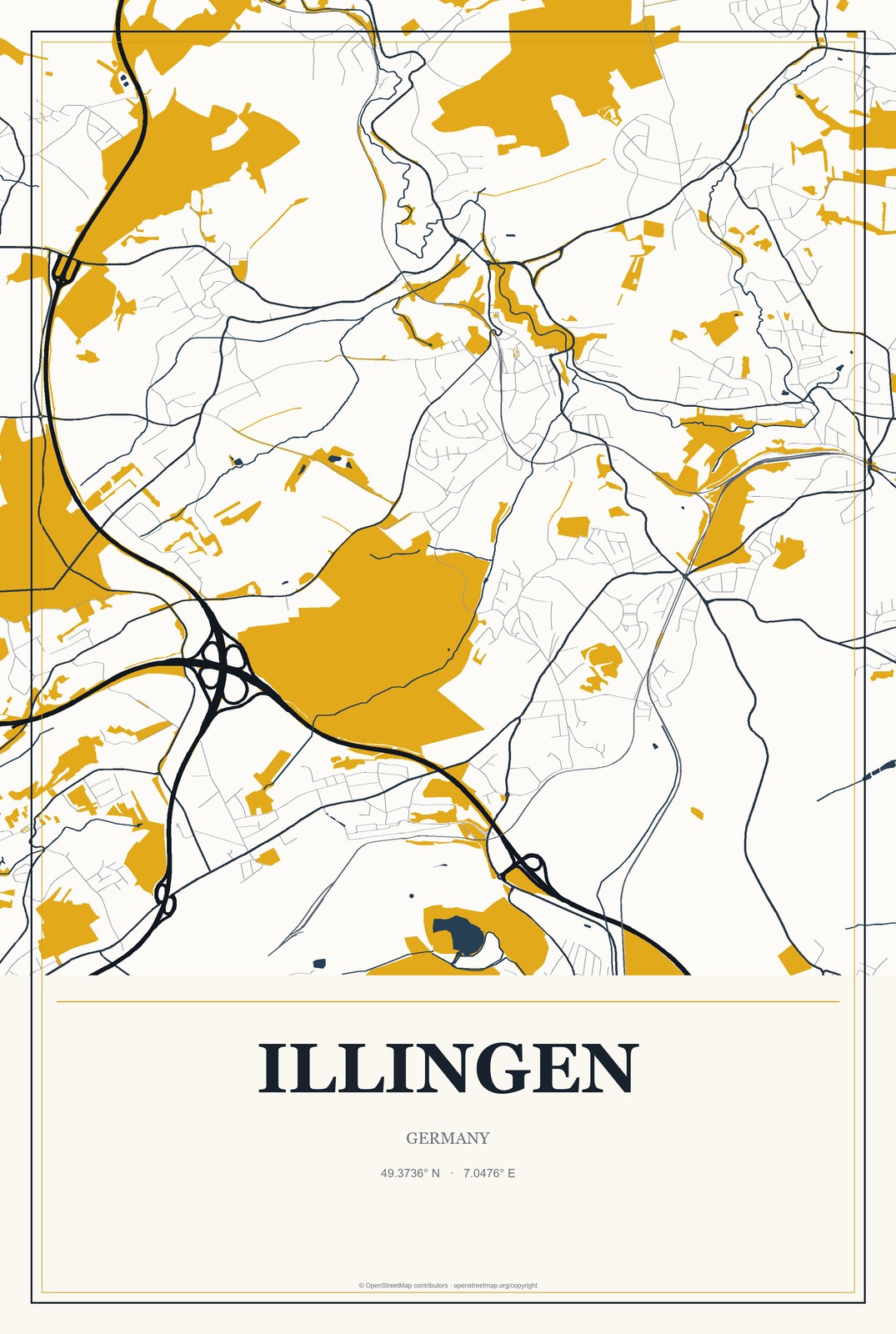Illingen, Germany City Map Aluminum Sign in Citrine Modern style