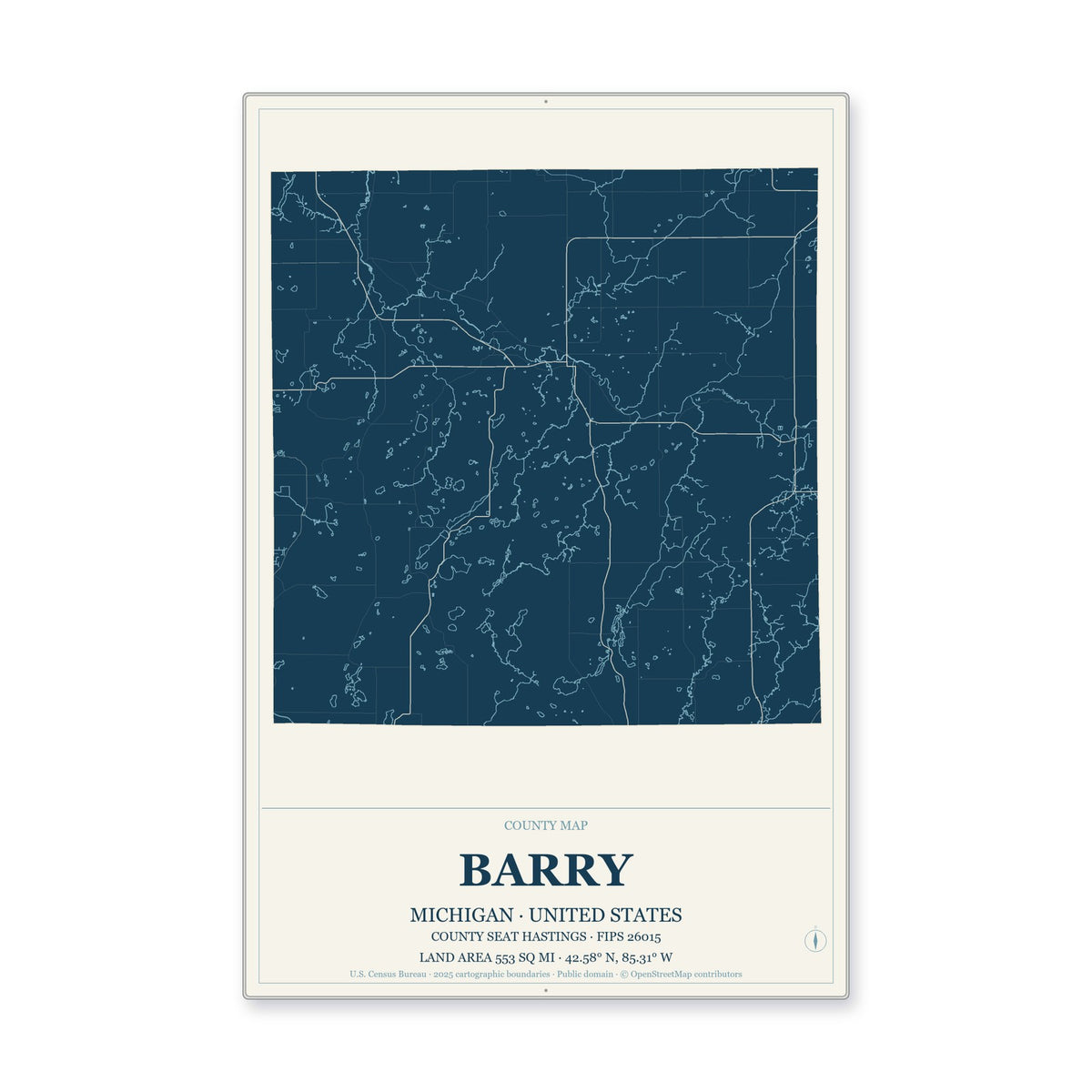 Barry County, Michigan Map Aluminum Sign in Coastal Cutout style