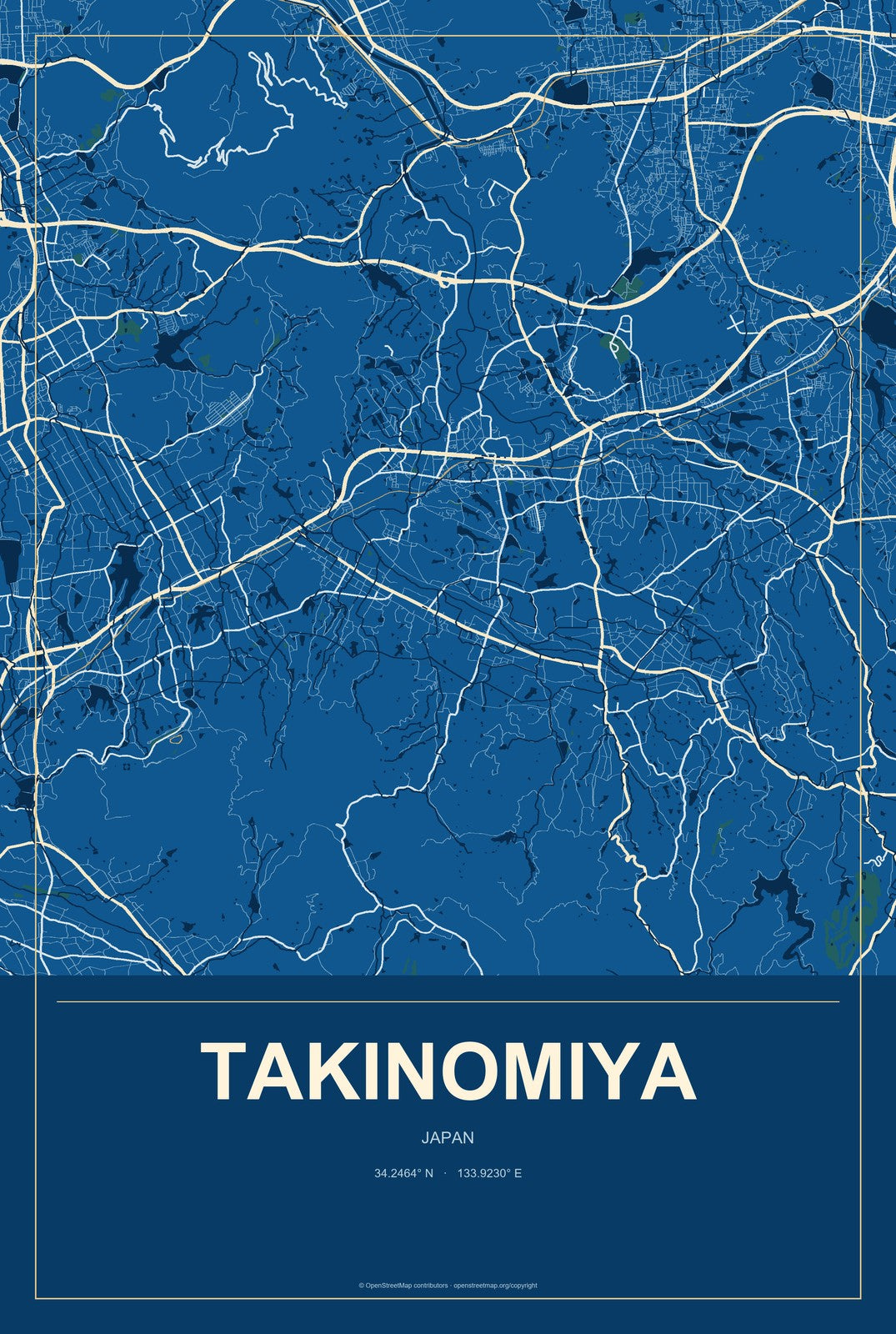 Takinomiya, Japan City Map Aluminum Sign in Harbor Cobalt style