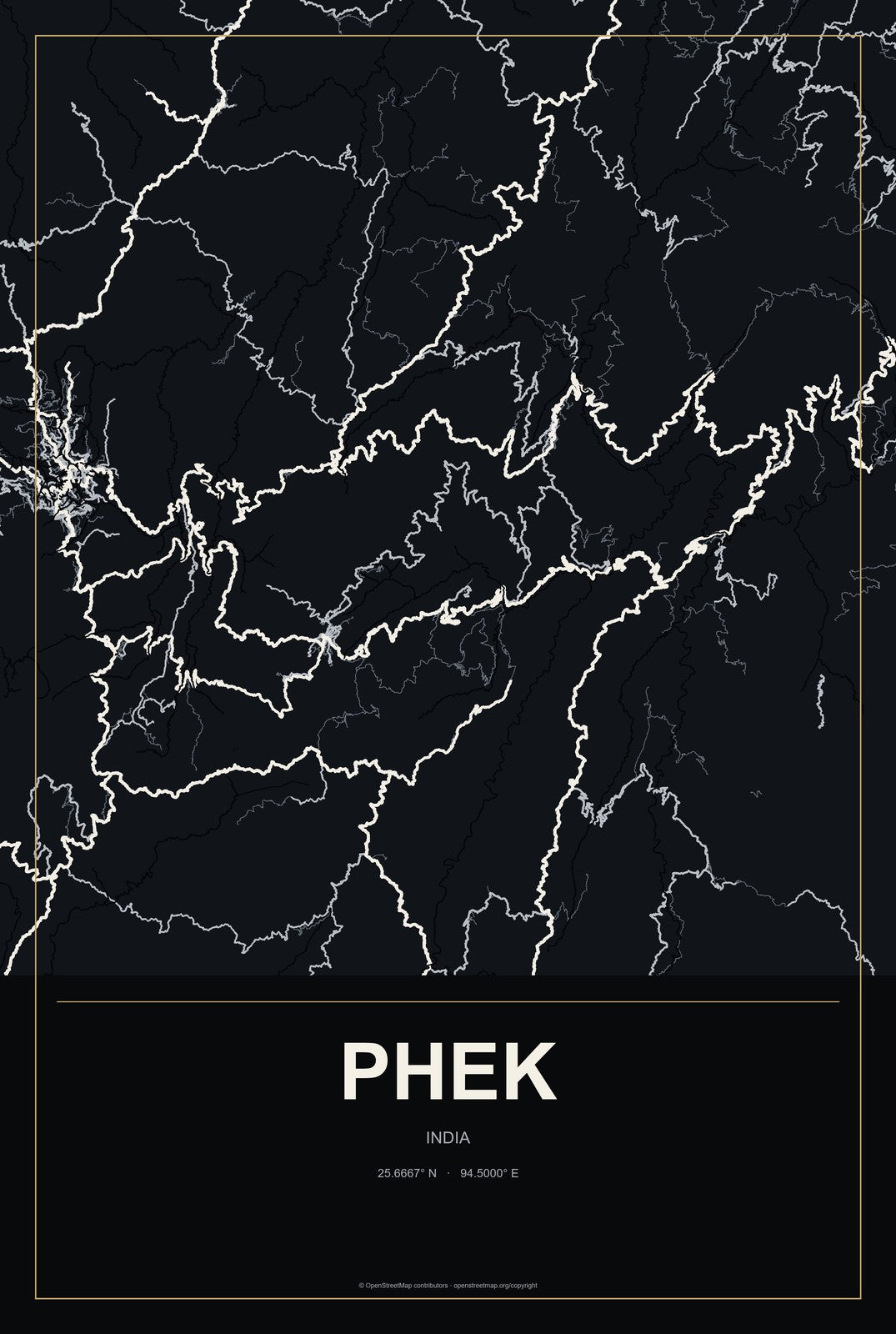 Phek, India City Map Aluminum Sign in Metropolitan Noir style