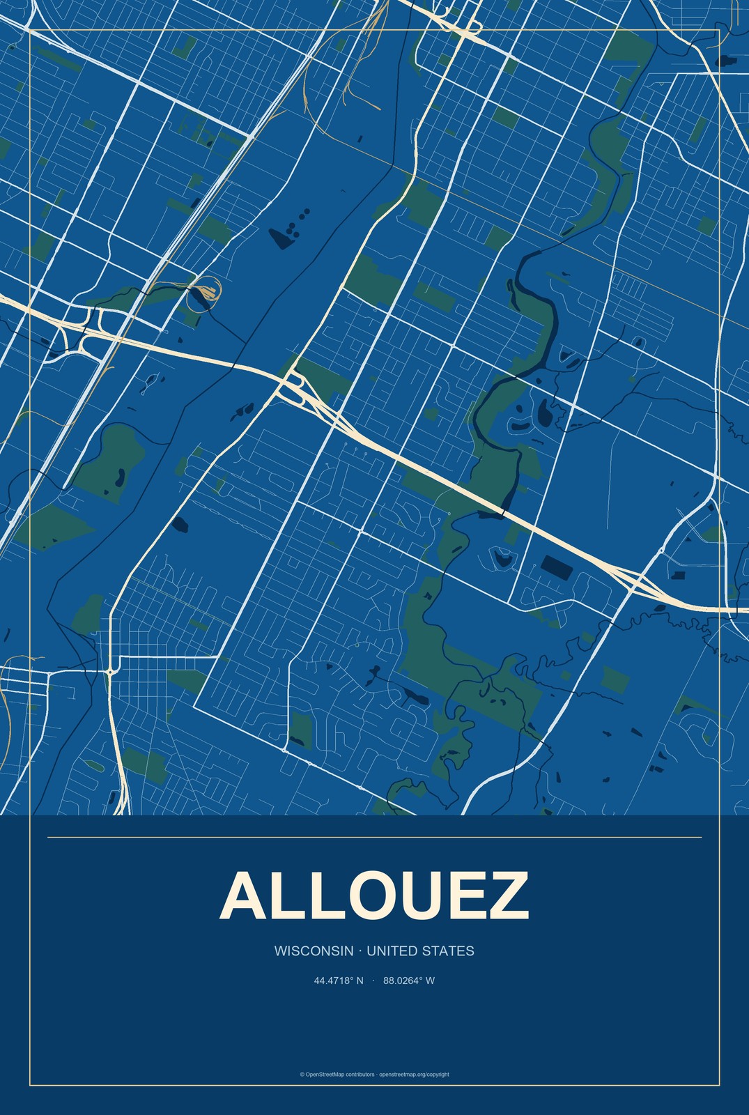 Allouez, Wisconsin City Map Aluminum Sign in Harbor Cobalt style