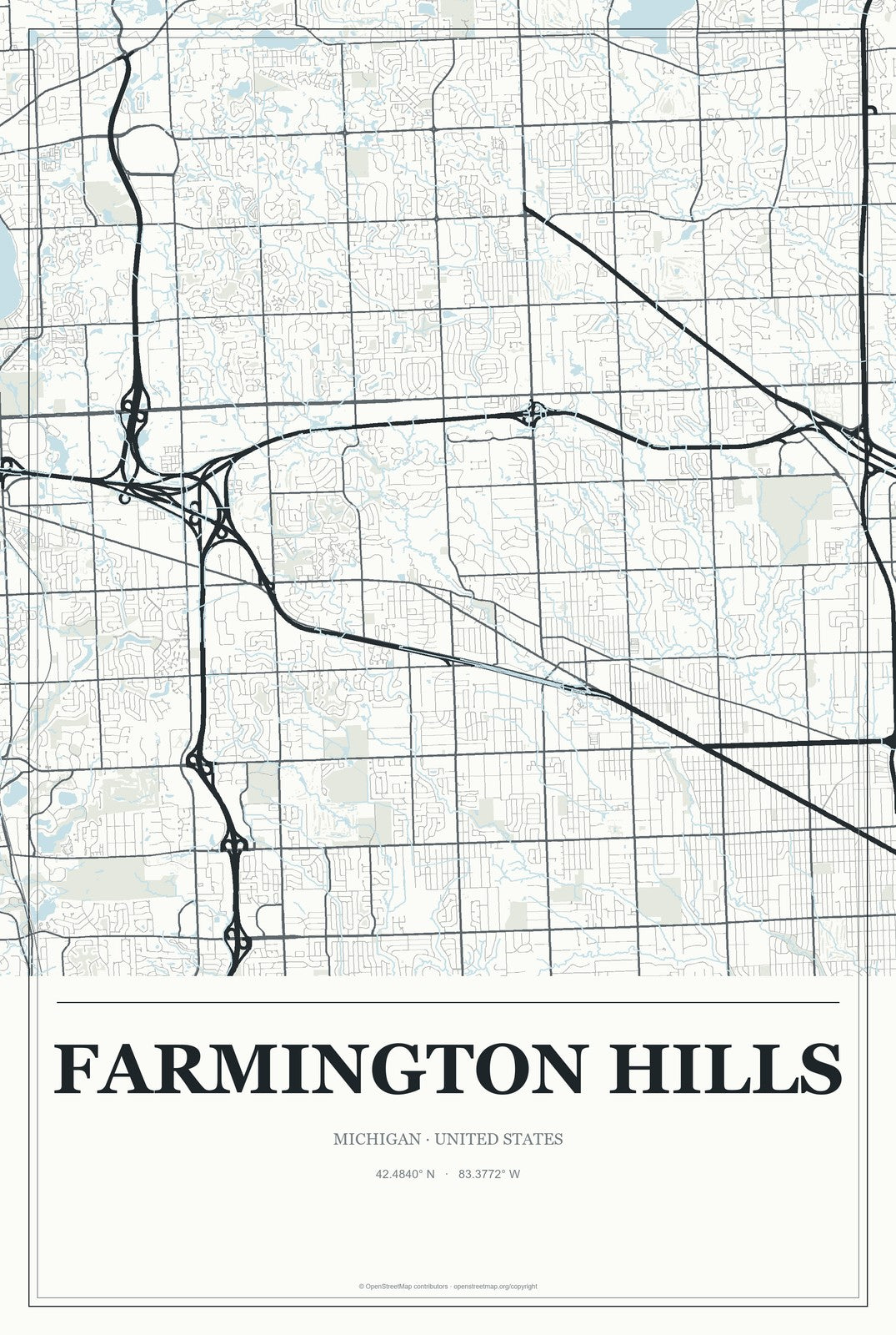 Farmington Hills, Michigan City Map Aluminum Sign in Gallery Air style