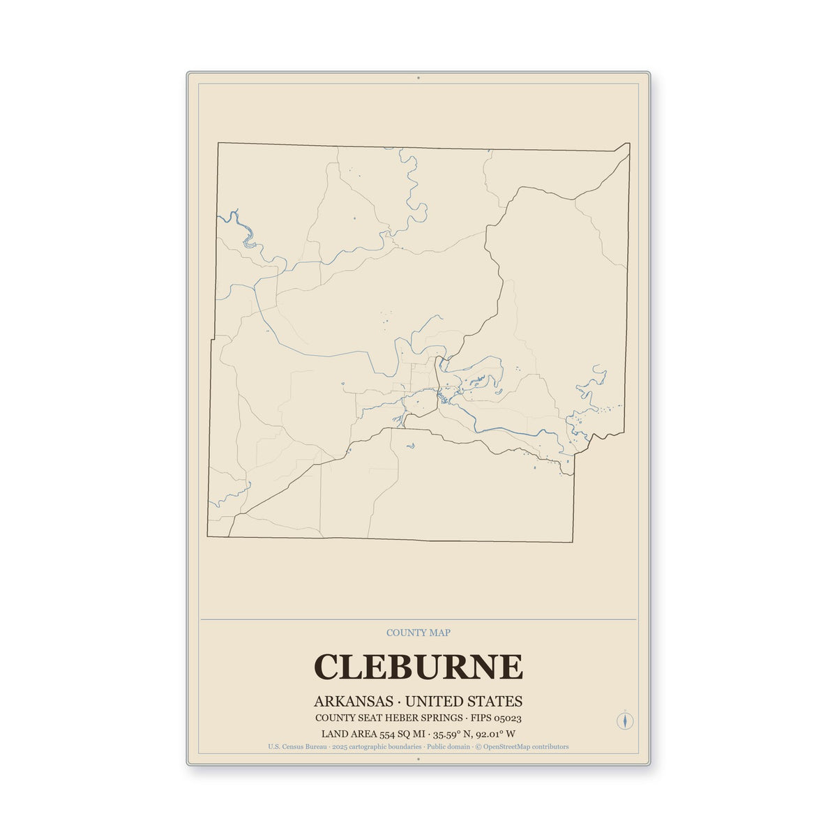 Cleburne County, Arkansas Map Aluminum Sign in Heritage Nautical style