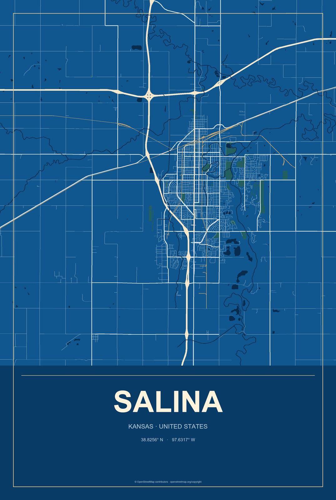 Salina, Kansas City Map Aluminum Sign in Harbor Cobalt style