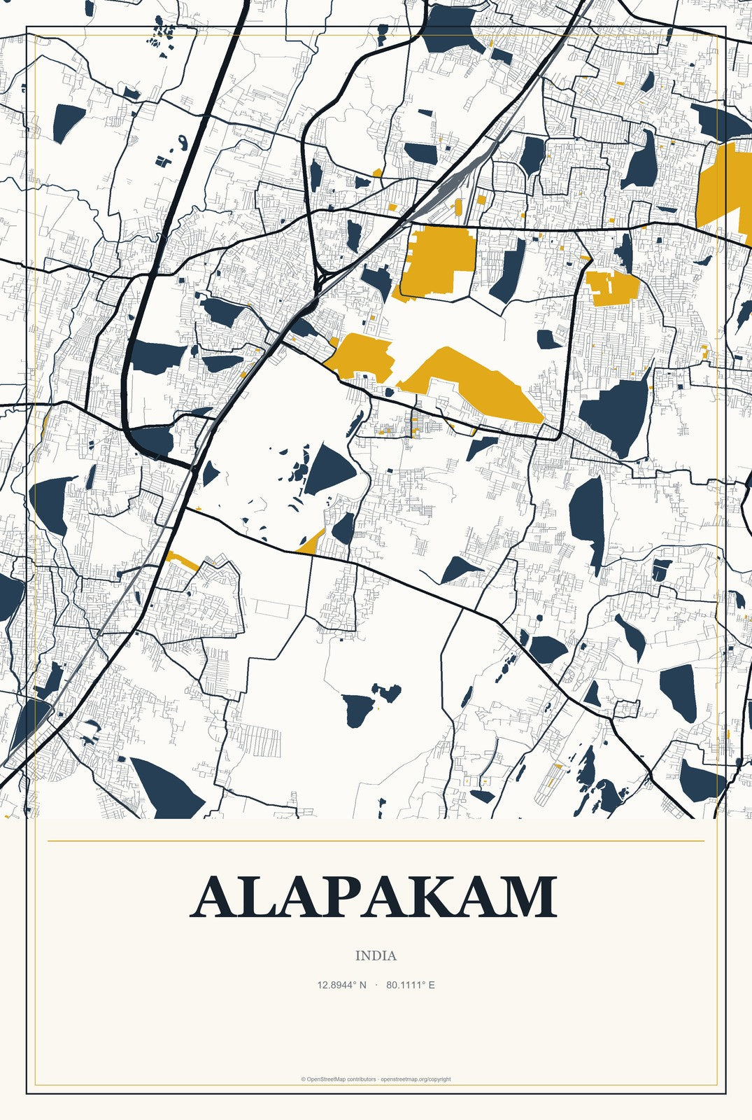Alapakam, India City Map Aluminum Sign in Citrine Modern style