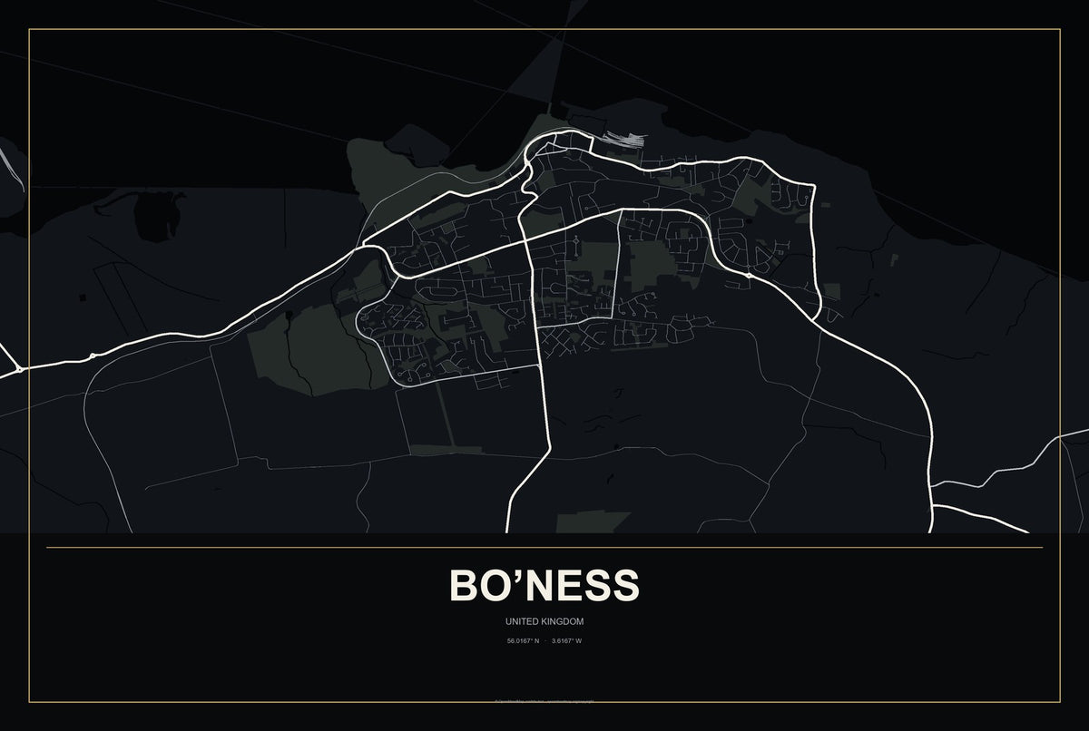 Bo’ness, United Kingdom City Map Aluminum Sign in Metropolitan Noir style